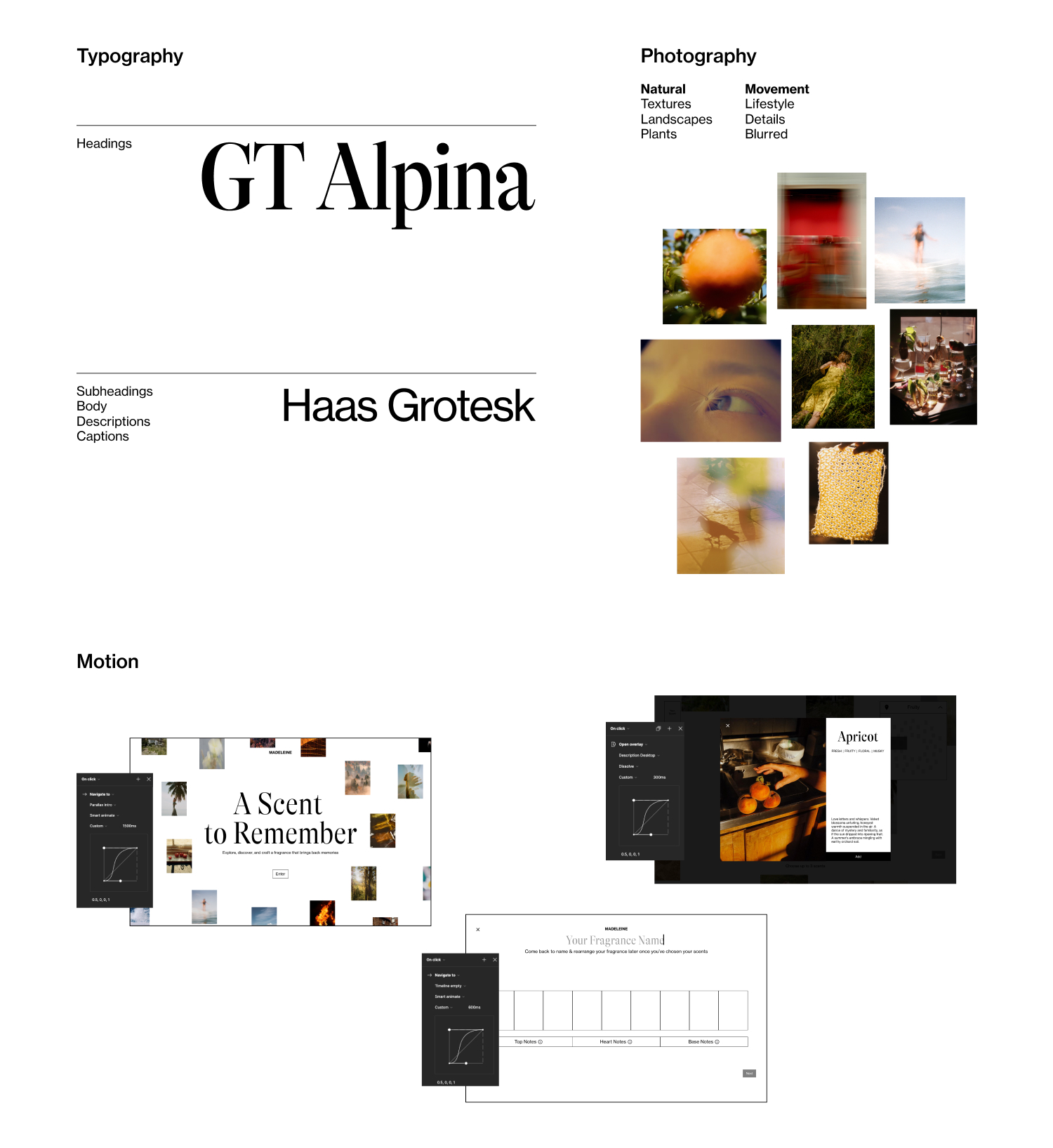 Layout showcasing design language of project including typography, photography, and motion. Typography includes fonts GT Alpina and Haas Grotesk. Photography features natural and movement-focused images, including blurred scenes and close-ups. Motion section displays three frames with text and image layouts, highlighting creative design concepts.