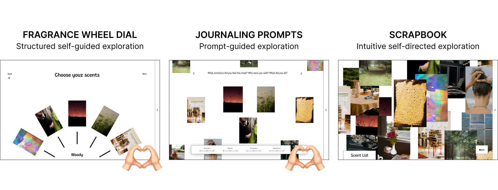 Explorations of 3 visual concepts for the site and highlighting 2 that worked best.