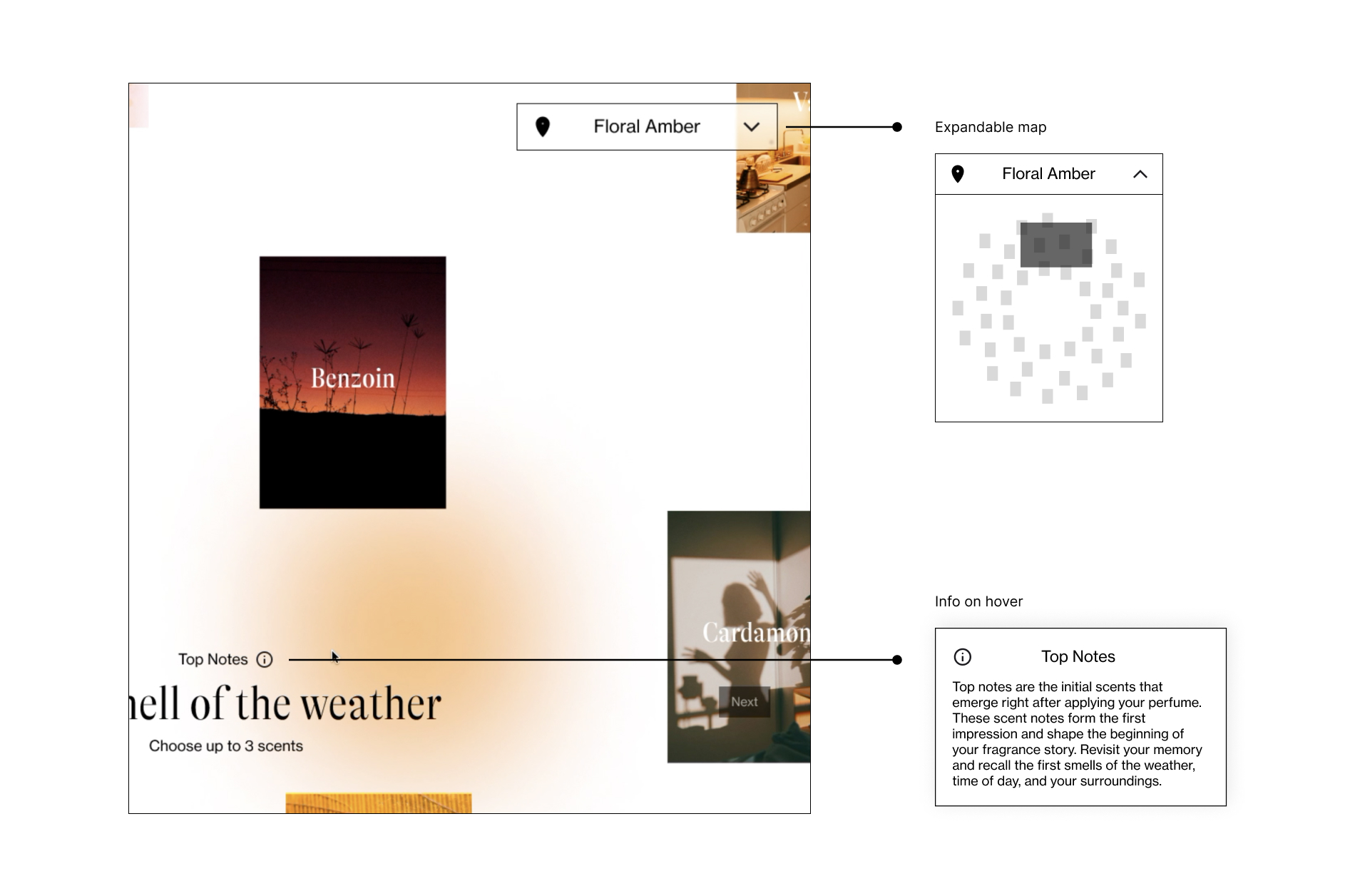Web page layout displaying
            perfume options. Central images: 