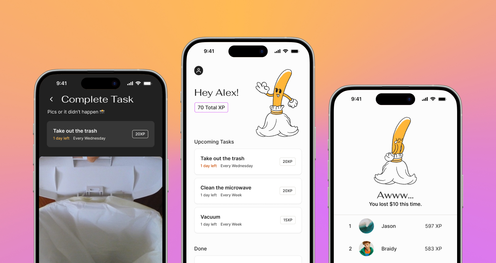 Three smartphone screens displaying a task management app with a playful animated pencil character. Tasks include taking out the trash, cleaning the microwave, and vacuuming. Tabs show task progress and XP points. The background is a gradient of orange and pink.