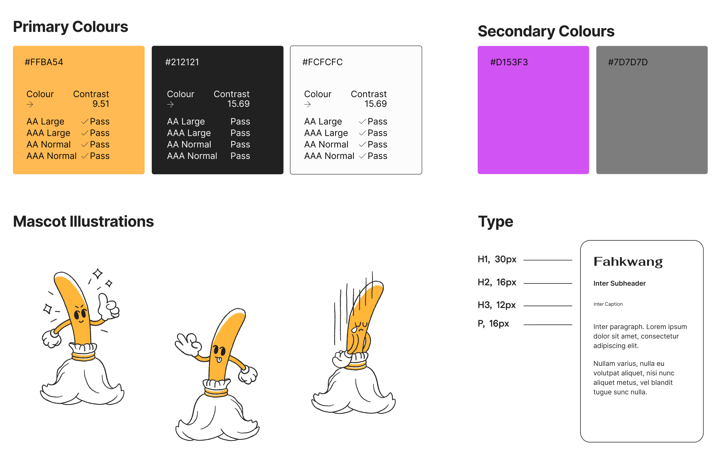 Design system showing primary colors (orange, black, white), secondary colors (purple, gray), animated mascot illustrations, and text examples using Fahkwang font.