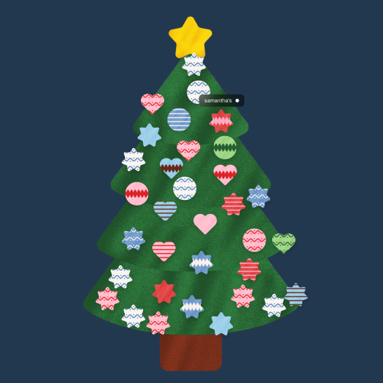 Illustrated Christmas tree with a yellow star on top, adorned with colorful ornaments. The text Samantha's Christmas Tree appears, inviting participation. Festive and welcoming tone.