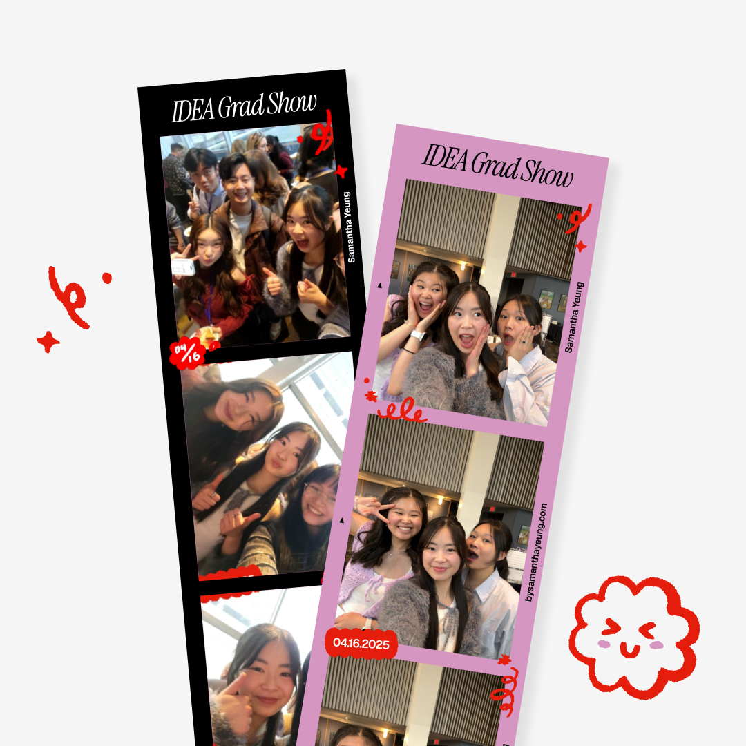 Two colorful photo booth strips feature joyful people celebrating at the IDEA Grad Show 2024, with playful poses and vibrant decorations.