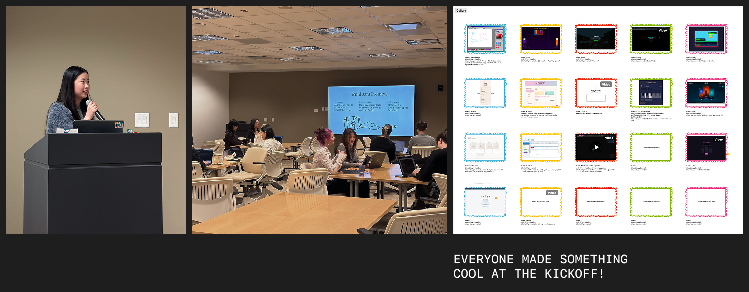 AI Design Jam session — participants working on laptops with a Mini Jam Prompts slide on screen, plus a gallery of everyone's creations from the kickoff.