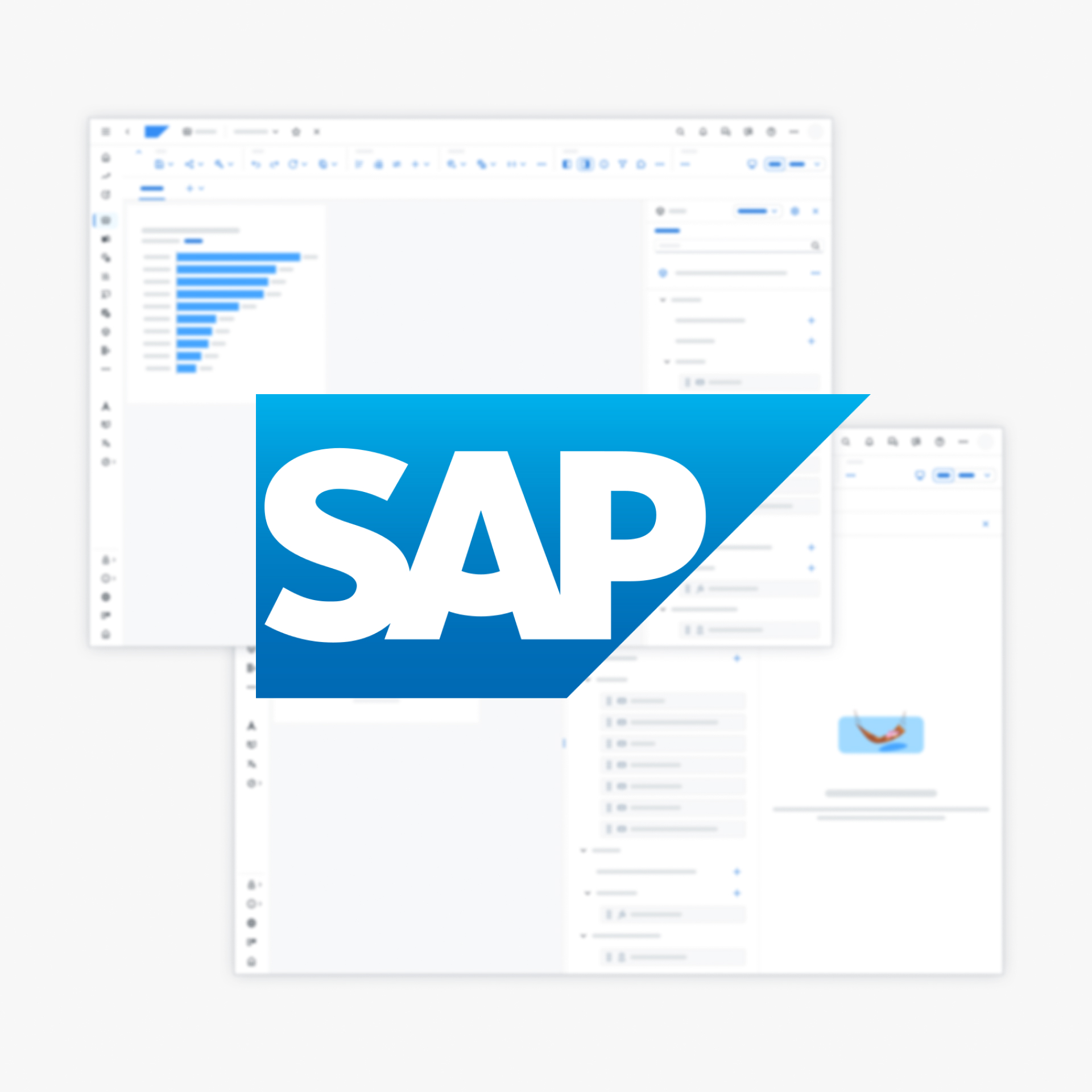 SAP logo in the foreground, overlaying blurred screens displaying data analytics graphs and settings. Conveys a tech-savvy, business-oriented tone.