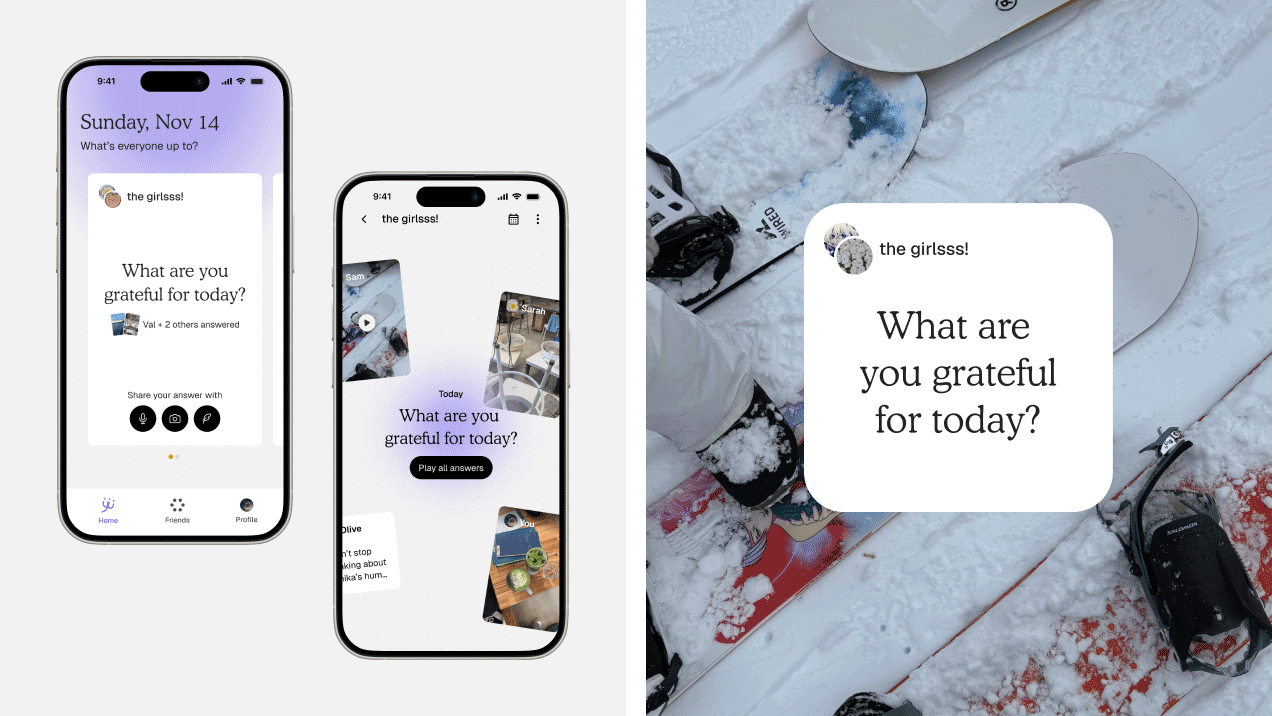 Four smartphones display an app with prompts and personal posts. Displays show user prompts, video reactions, and a photo of matcha tea, conveying interactivity.