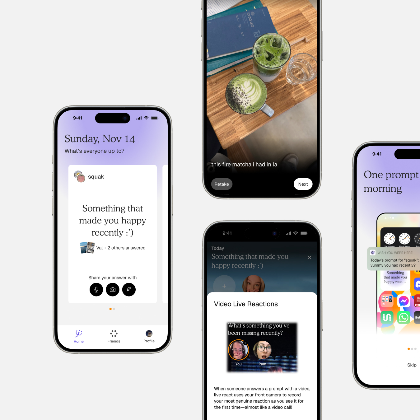 Four smartphones display an app with prompts and personal posts. Displays show user prompts, video reactions, and a photo of matcha tea, conveying interactivity.
