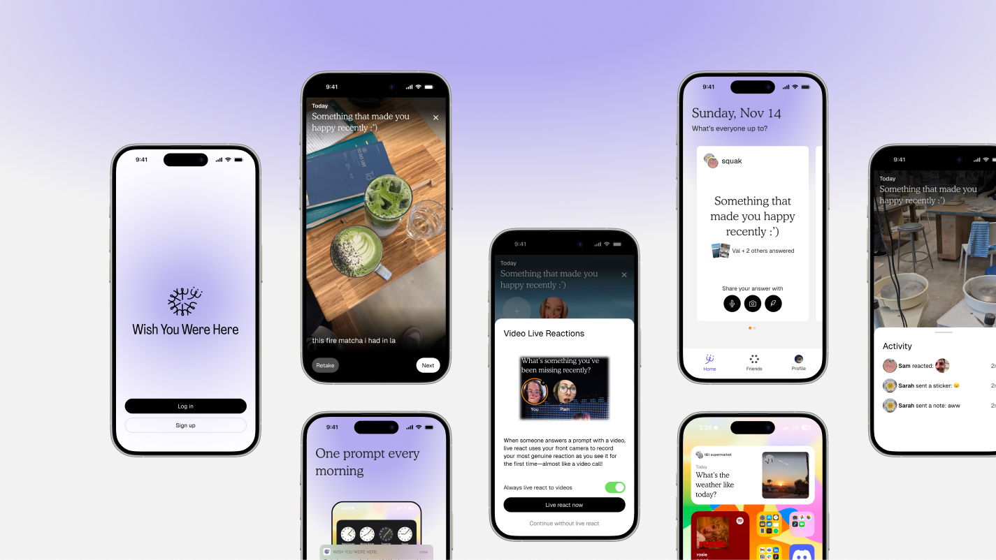 A collage of smartphone interfaces on a gradient background. Screens display social app prompts, login pages, and interactive features, conveying connectivity and engagement.